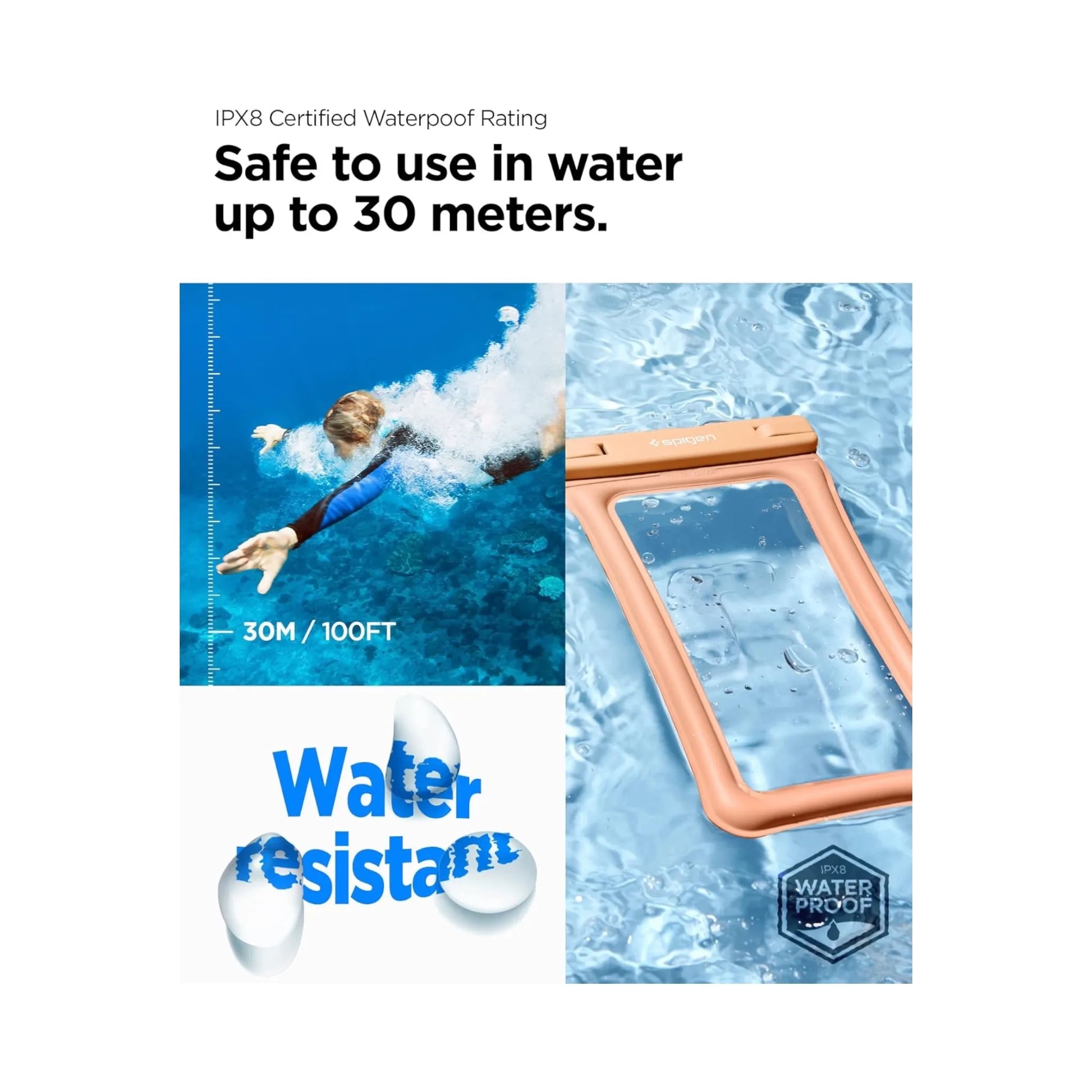 Water-proof Cover For phones, from Spigen Company, the possibility of diving up to 30 meters, Available at xStore.qa in Qatar.
