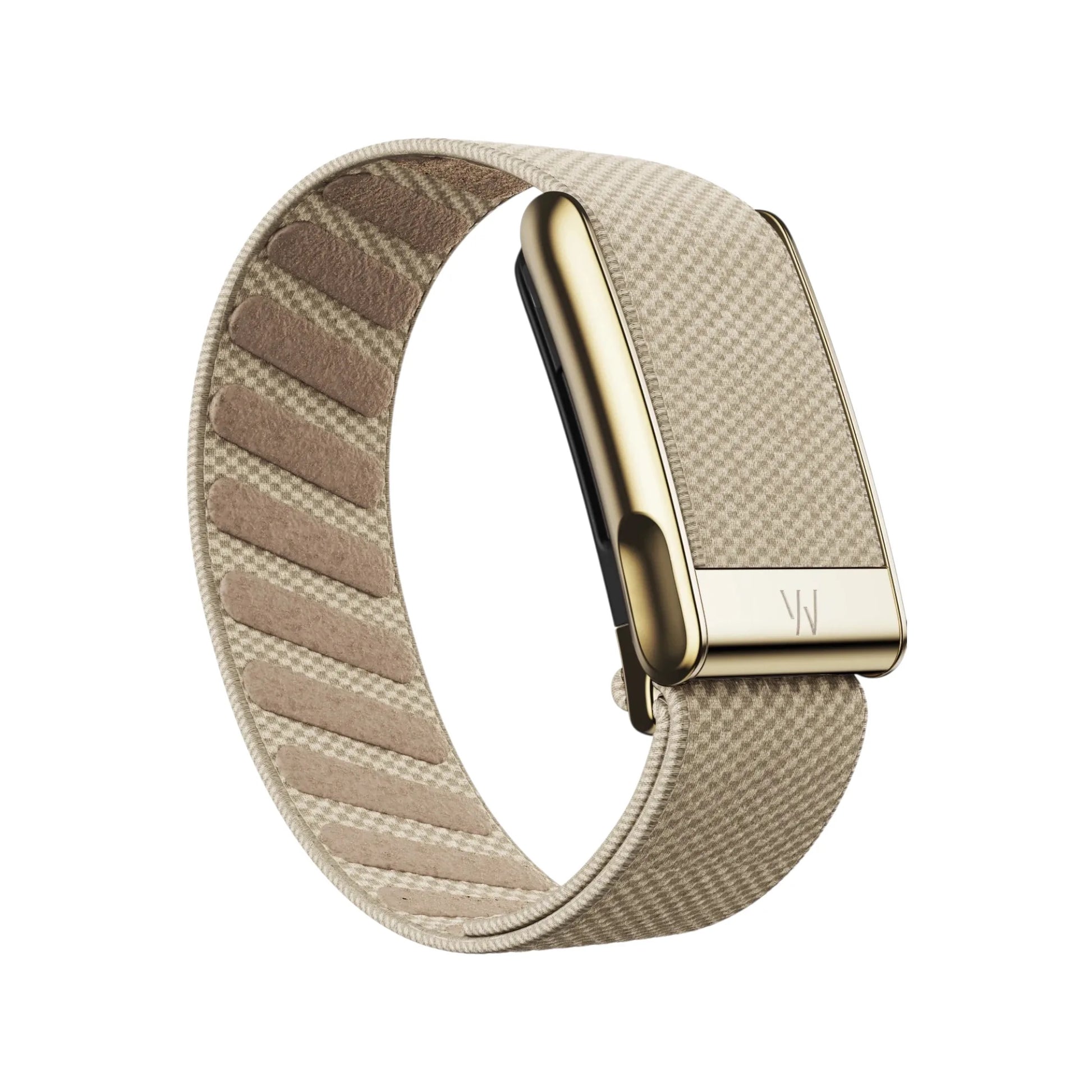 Whoop MG SuperKnit Luxe Band Dune with Gold – premium knit strap with gold clasp, available now from xStore.qa in Qatar.