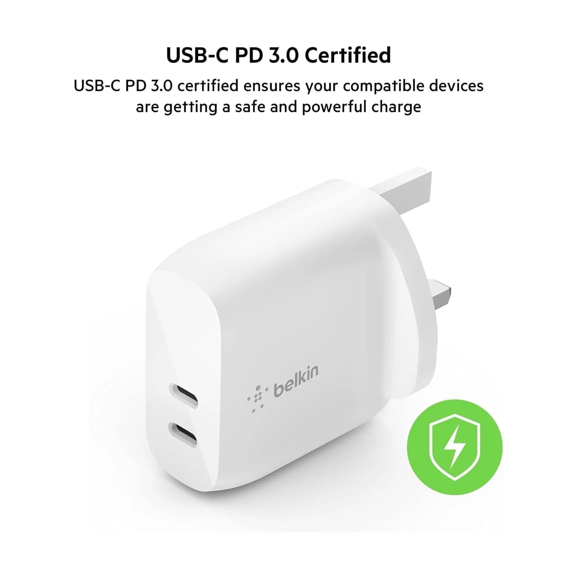 Belkin Dual USB-C Wall Charger 40W, Charges iPhone up to 50% in around 25 minutes, xStore in Qatar.