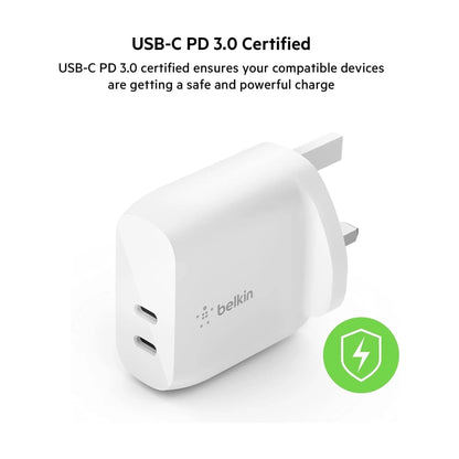 Belkin Dual USB-C Wall Charger 40W, Charges iPhone up to 50% in around 25 minutes, xStore in Qatar.