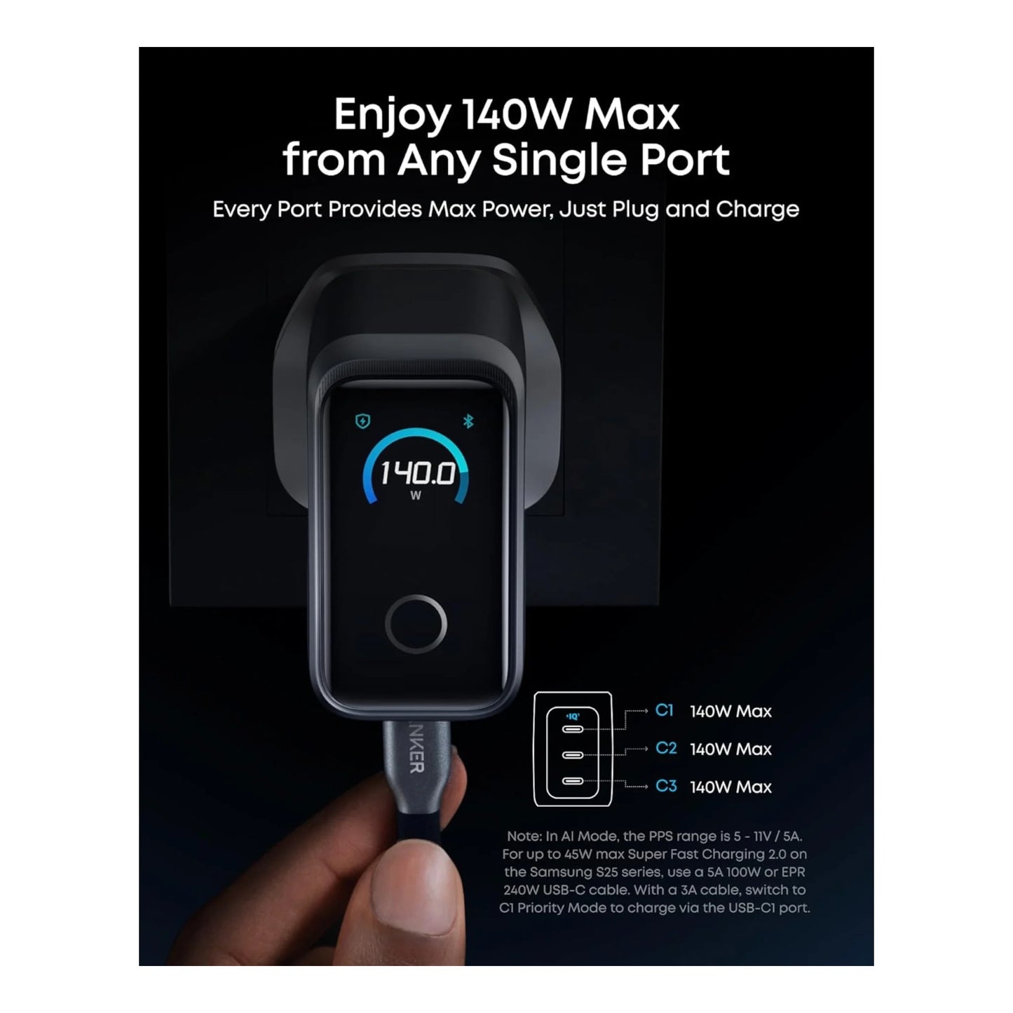 ‫شاحن أنكر برايم ١٦٠ واط من اكس ستور في قطر. ٣ منافذ USB-C وشحن سريع بتصميم مدمج.، شاشة ذكية وأمان فائق مع إمكانية التحكم عبر التطبيق.