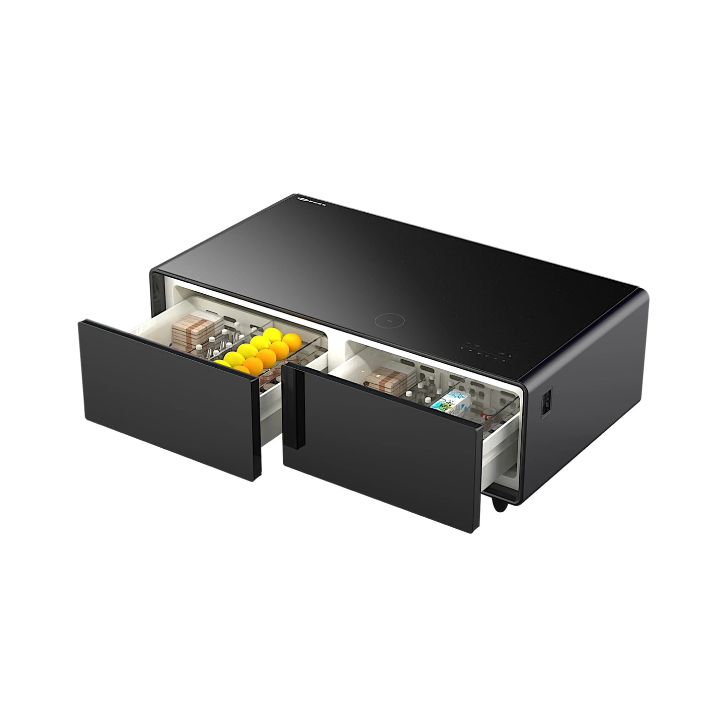 Smart table with two cooling drawers, 135L total capacity for drinks and snacks from xStore in Qatar.