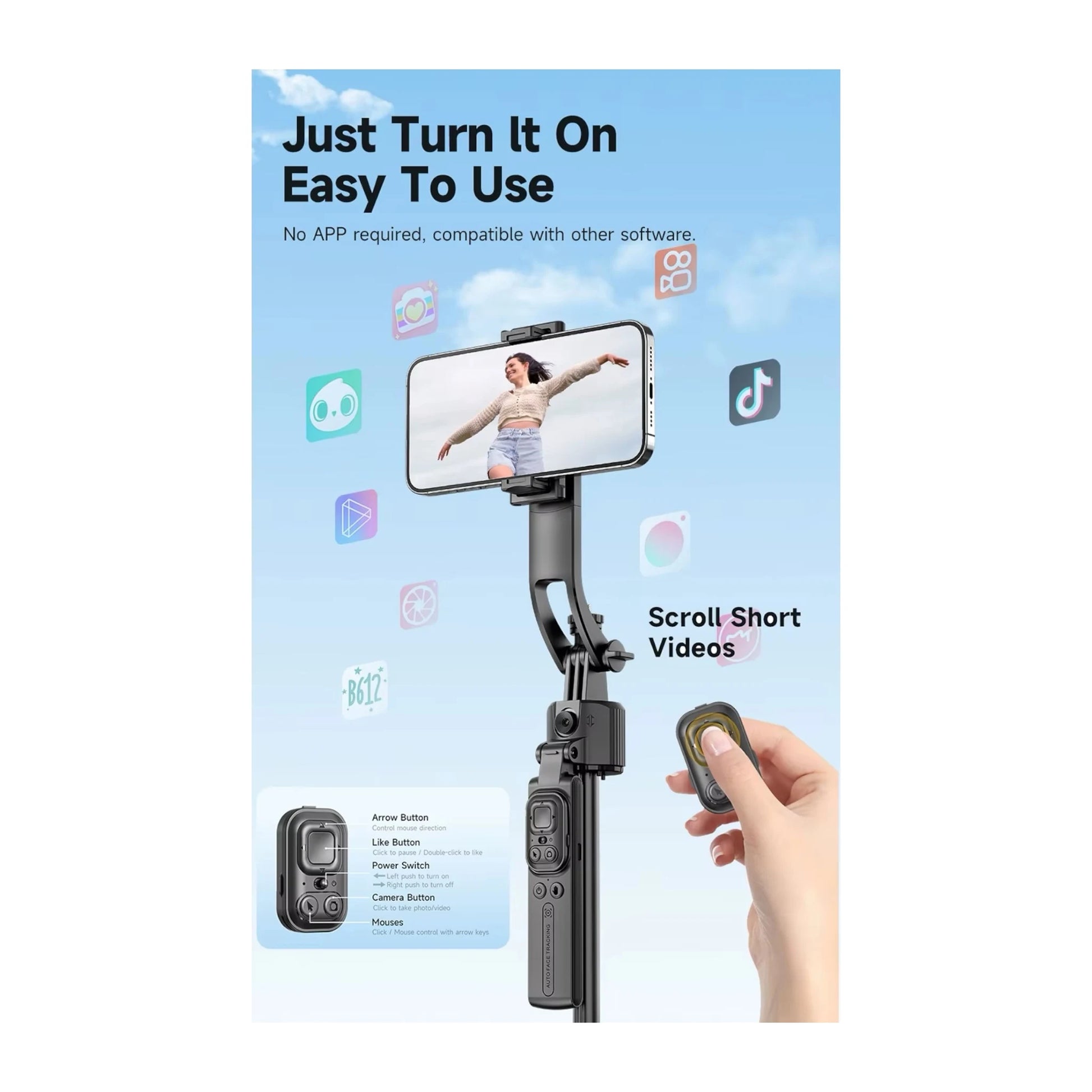 Tracking Gimbal Selfie Stick Tripod, Detachable remote control and phone clip, Available now from xStore.qa in Qatar.